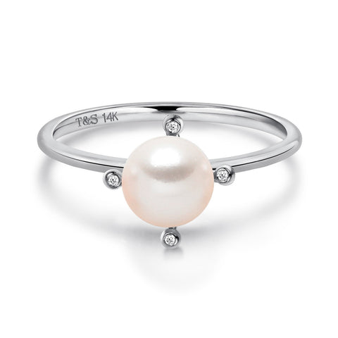 14k White Gold 5-5.5mm Akoya Pearl and Diamond Ring