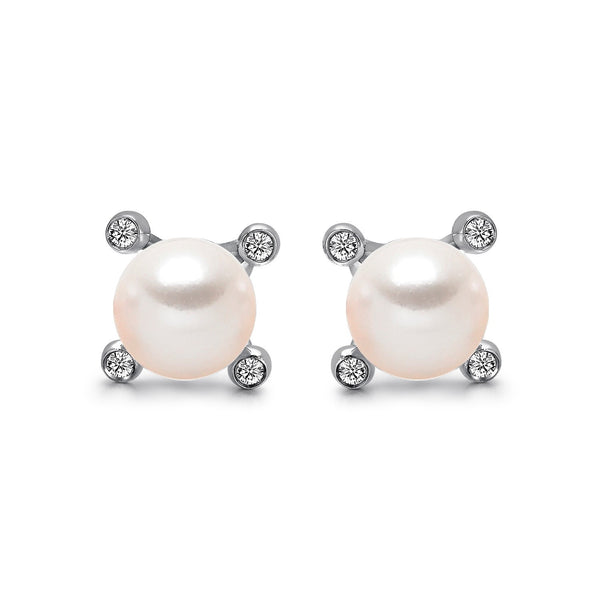 14k White Gold 4-4.5mm Akoya Pearl and Diamond Stud Earrings