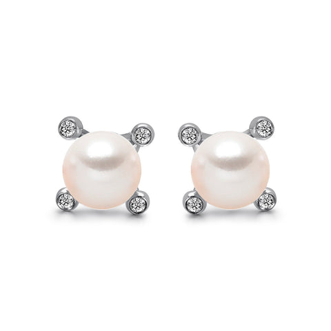 14k White Gold 4-4.5mm Akoya Pearl and Diamond Stud Earrings