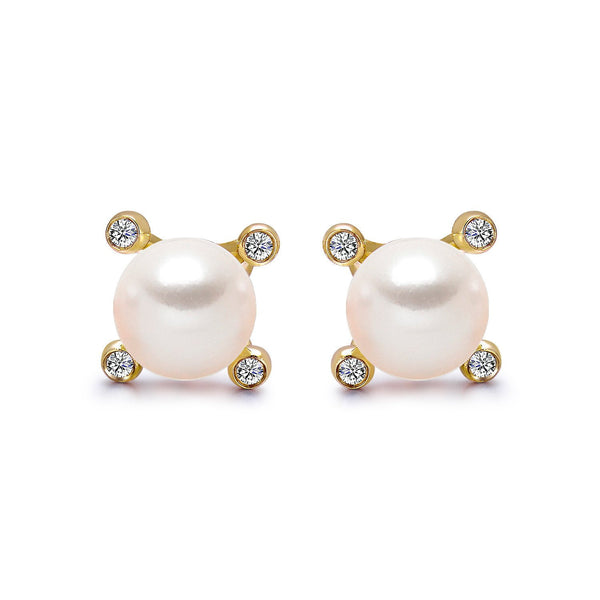 14k Yellow Gold 4-4.5mm Akoya Pearl and Diamond Stud Earrings