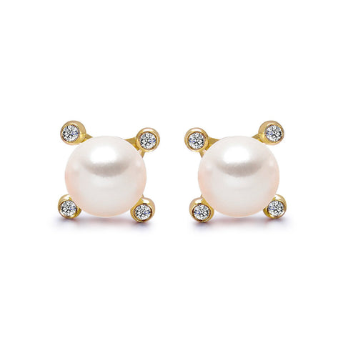 14k Yellow Gold 4-4.5mm Akoya Pearl and Diamond Stud Earrings