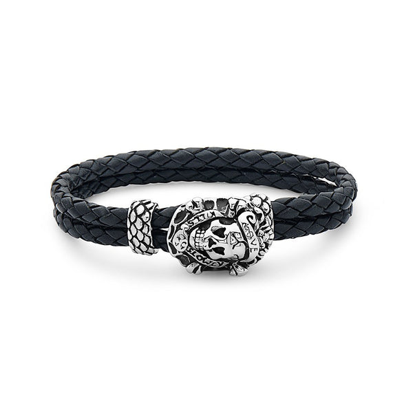 Love Kills Slowly Skull Steel Braided Leather Bracelet