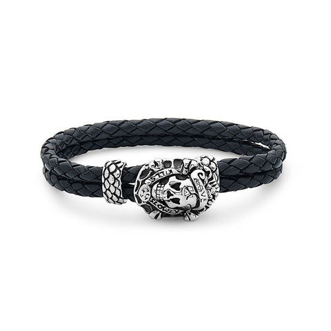 Love Kills Slowly Skull Steel Braided Leather Bracelet