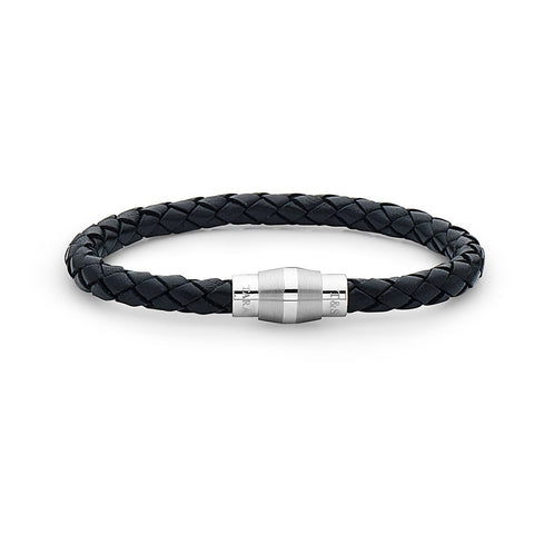 Steel Barrel Black Braided Leather Bracelet