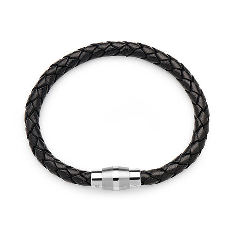 Steel Barrel Black Braided Leather Bracelet