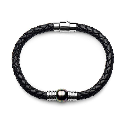 10-11mm Tahitian Circle Pearl Braided Leather Bracelet