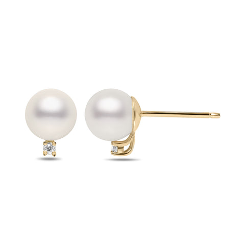7-7.5mm AA Akoya Cultured Pearl and Diamond 14k Yellow Gold Stud Earrings