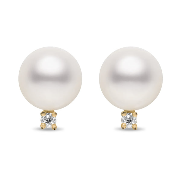 7-7.5mm AA Akoya Cultured Pearl and Diamond 14k Yellow Gold Stud Earrings