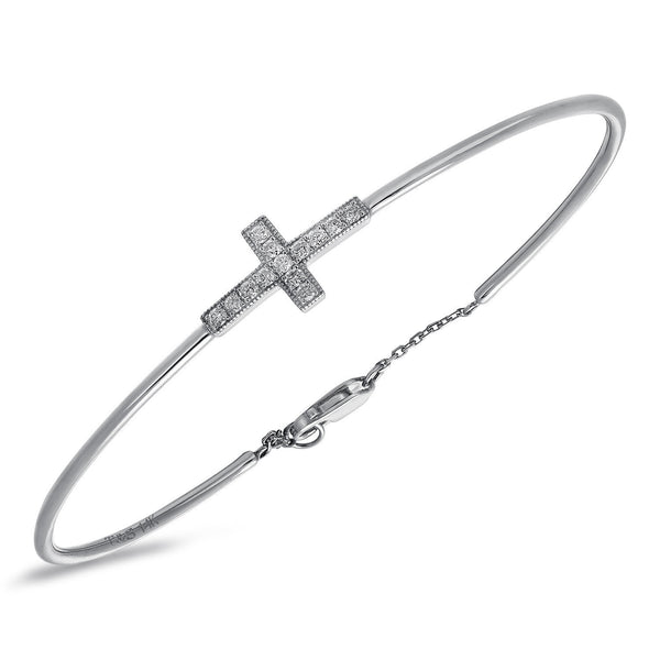 14k White Gold Diamond Cross Bangle