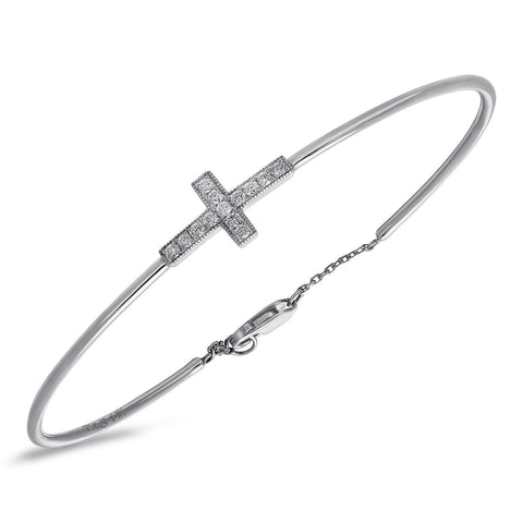 14k White Gold Diamond Cross Bangle