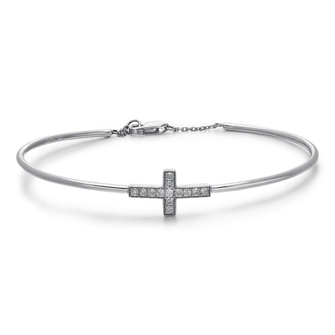 14k White Gold Diamond Cross Bangle