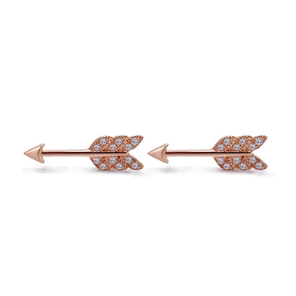 14k Rose Gold Diamond Feather Arrow Stud Earrings