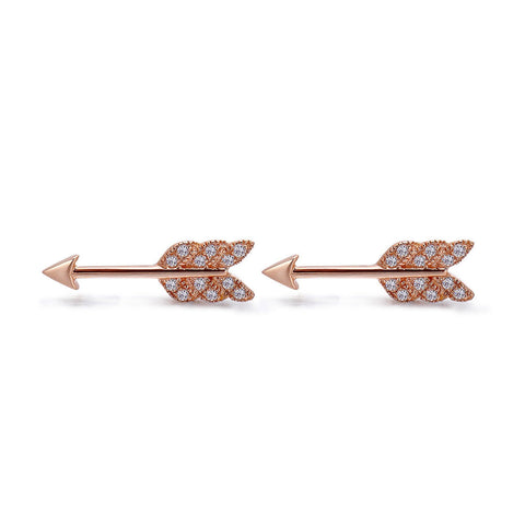 14k Rose Gold Diamond Feather Arrow Stud Earrings