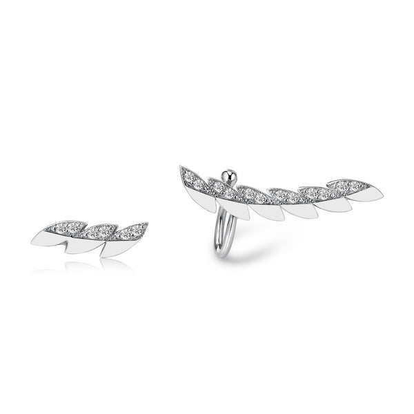 14k White Gold Diamond Feather Ear Climber and Stud Earrings