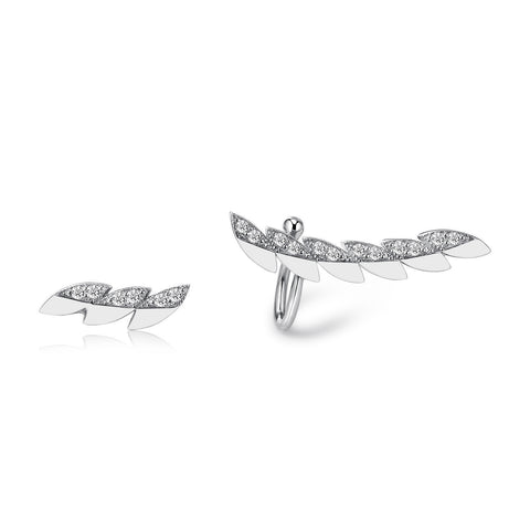 14k White Gold Diamond Feather Ear Climber and Stud Earrings