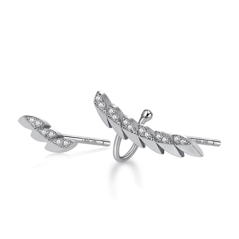 14k White Gold Diamond Feather Ear Climber and Stud Earrings