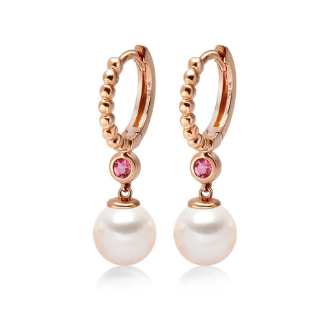 14k Rose Gold 5-5.5mm Akoya Pearl and Pink Tourmaline Earrings