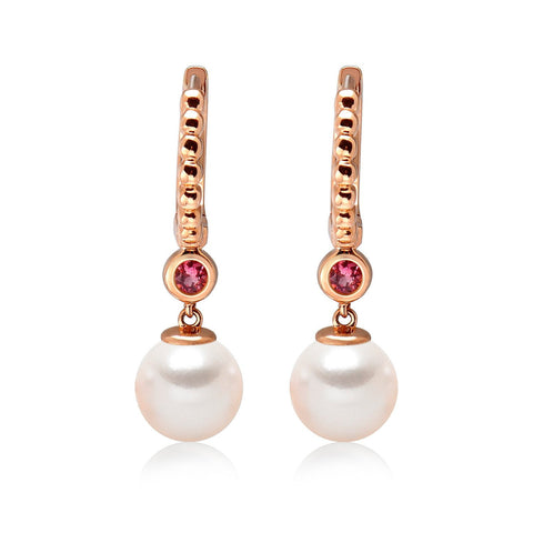 14k Rose Gold 5-5.5mm Akoya Pearl and Pink Tourmaline Earrings