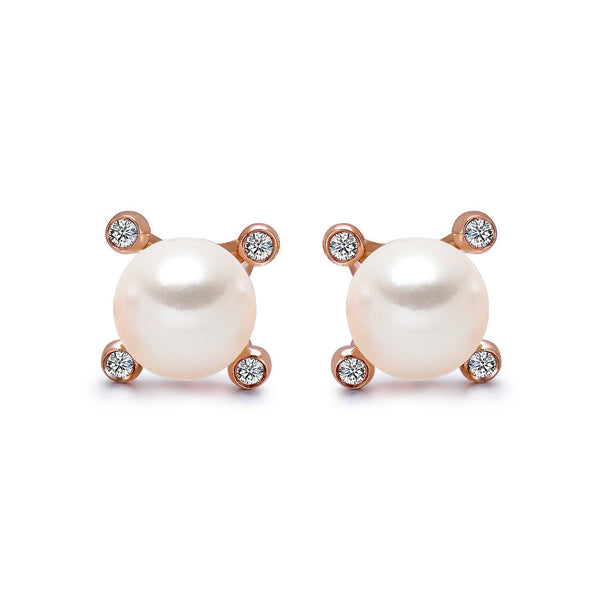 14k Rose Gold 4-4.5mm Akoya Pearl and Diamond Stud Earrings