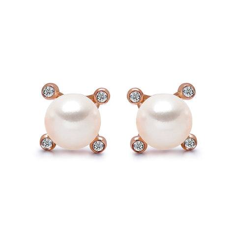 14k Rose Gold 4-4.5mm Akoya Pearl and Diamond Stud Earrings