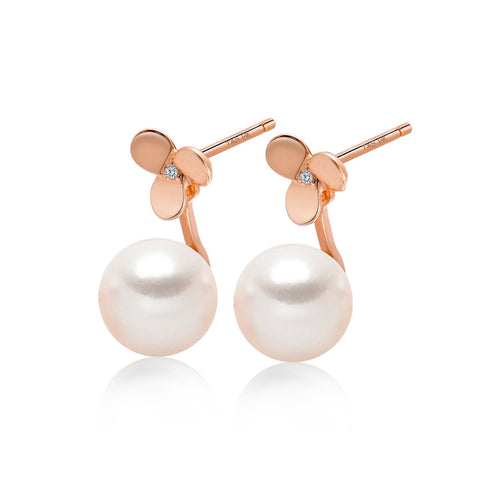 14k Rose Gold 8-8.5mm Akoya Pearl and Diamond Flower Jacket Earrings