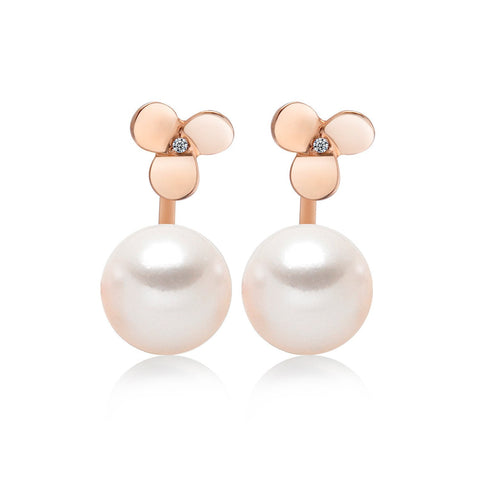 14k Rose Gold 8-8.5mm Akoya Pearl and Diamond Flower Jacket Earrings