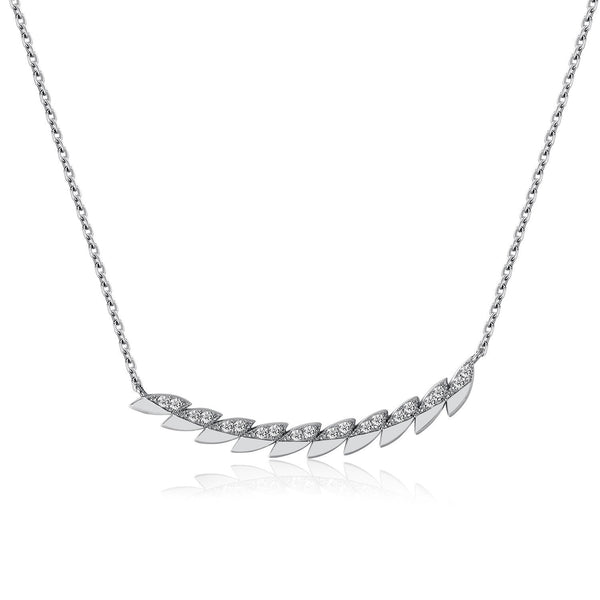 14k White Gold Diamond Feather Bar Necklace