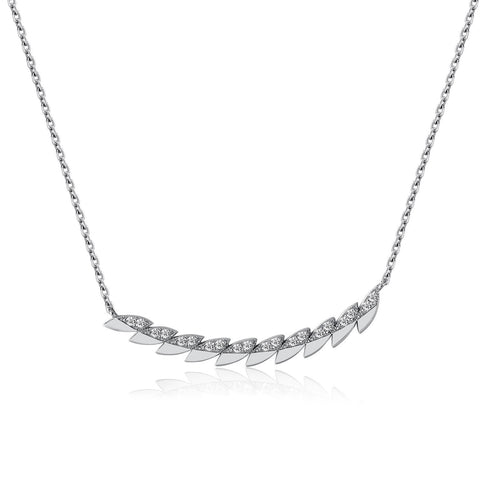 14k White Gold Diamond Feather Bar Necklace