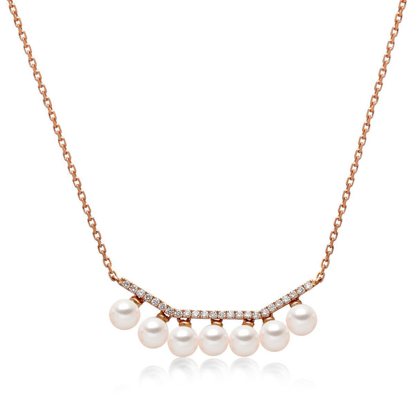 14k Rose Gold 4-4.5mm Akoya and Diamond Geo Bar Necklace