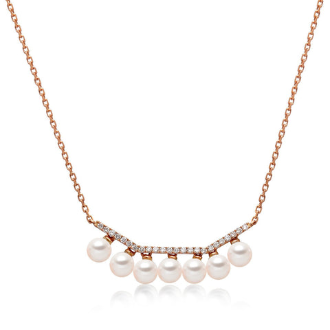 14k Rose Gold 4-4.5mm Akoya and Diamond Geo Bar Necklace