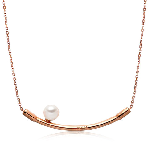 14k Rose Gold 6-6.5mm Akoya and Diamond Curved Bar Necklace