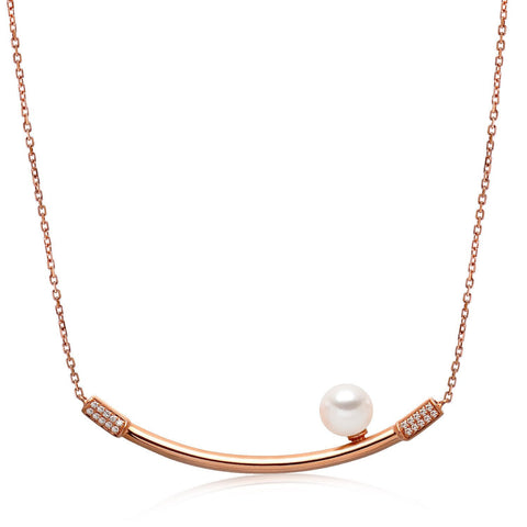 14k Rose Gold 6-6.5mm Akoya and Diamond Curved Bar Necklace