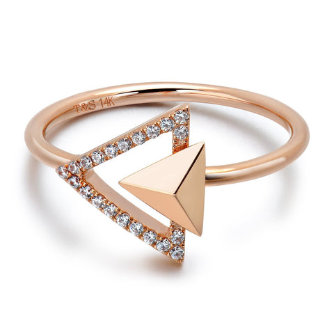 14k Rose Gold Diamond Triangle Stud Ring