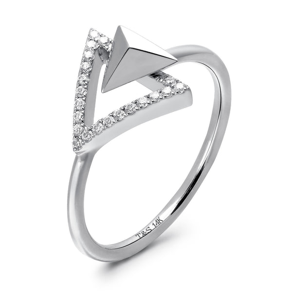 14k White Gold Diamond Triangle Stud Ring