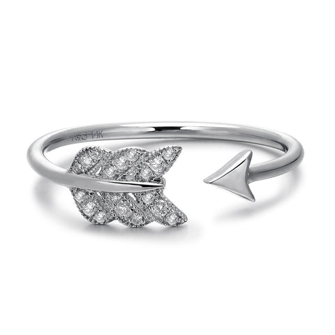 14k White Gold Diamond Feather Arrow Stackable Ring