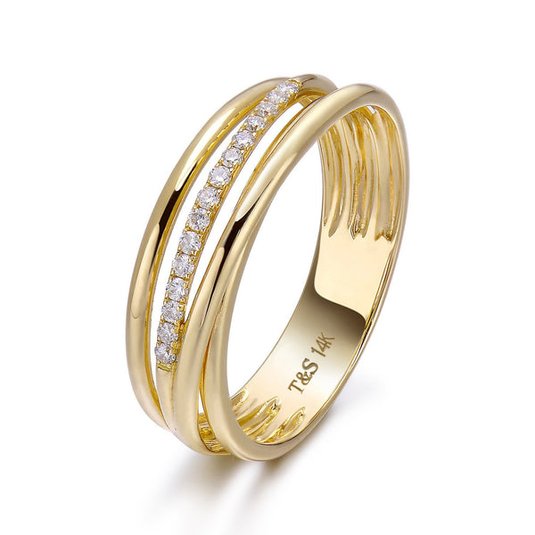 14k Yellow Gold Diamond Triple Row Ring