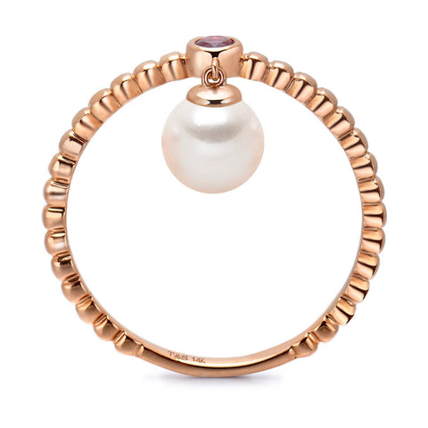 14k Rose Gold 5-5.5mm Dangle Akoya Pearl and Pink Tourmaline Stackable Ring
