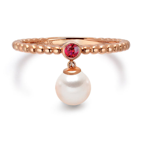 14k Rose Gold 5-5.5mm Dangle Akoya Pearl and Pink Tourmaline Stackable Ring