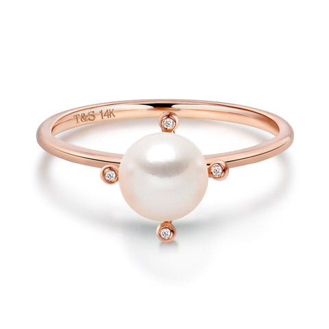 14k Rose Gold 5-5.5mm Akoya Pearl and Diamond Ring
