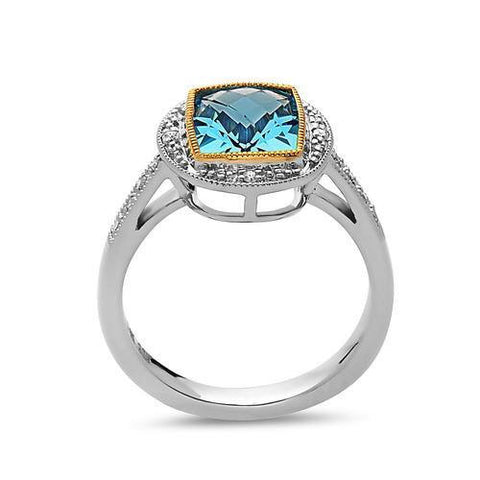 Radiant Cut Blue Topaz, Diamond, Sterling Silver and 14k Yellow Gold Ring