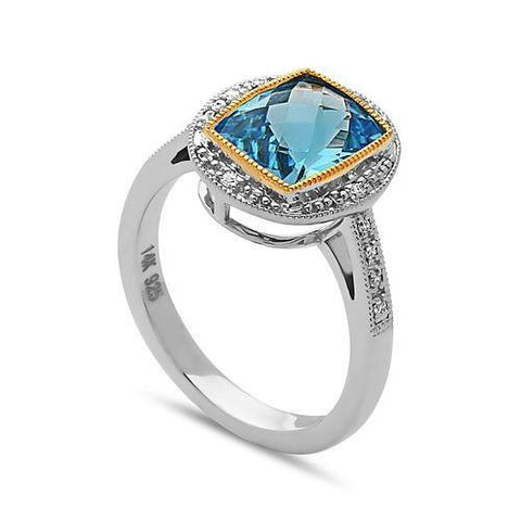 Radiant Cut Blue Topaz, Diamond, Sterling Silver and 14k Yellow Gold Ring