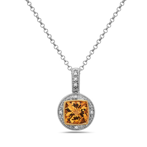 Square Cut Citrine, Diamond, Sterling Silver and 14k Yellow Gold Pendant