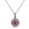 Round Cut Amethyst, Diamond, Sterling Silver and 14k Rose Gold Pendant
