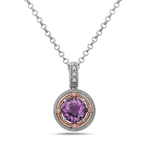 Round Cut Amethyst, Diamond, Sterling Silver and 14k Rose Gold Pendant