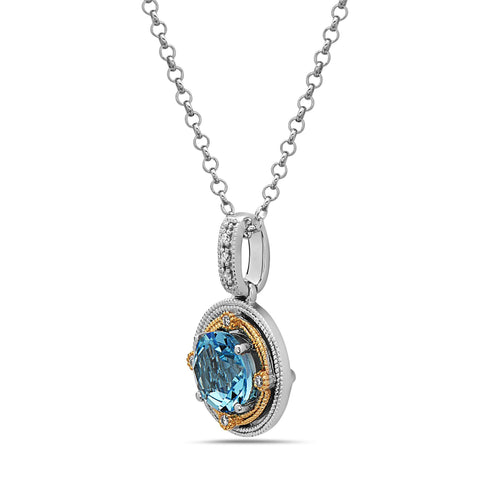 Round Cut Blue Topaz, Diamond, Sterling Silver and 14k Yellow Gold Pendant