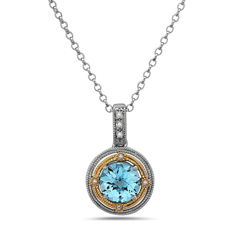 Round Cut Blue Topaz, Diamond, Sterling Silver and 14k Yellow Gold Pendant