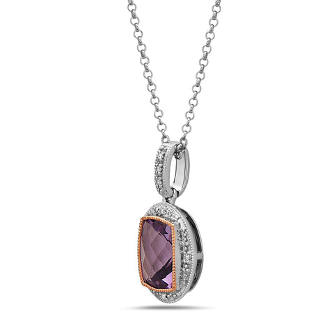 Radiant Cut Amethyst, Diamond, Sterling Silver and 14k Rose Gold Pendant