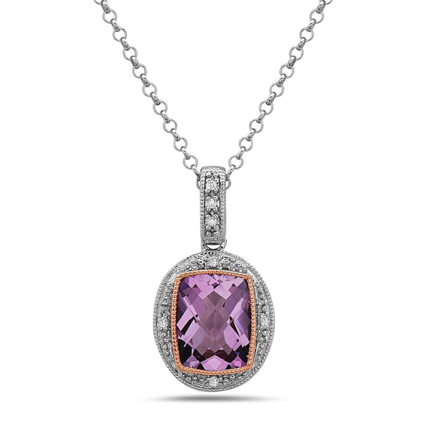Radiant Cut Amethyst, Diamond, Sterling Silver and 14k Rose Gold Pendant