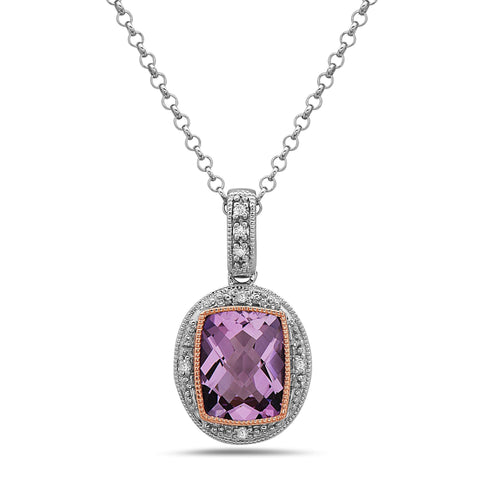 Radiant Cut Amethyst, Diamond, Sterling Silver and 14k Rose Gold Pendant