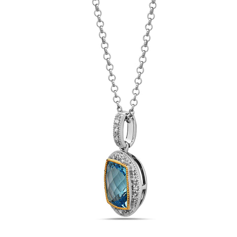 Radiant Cut Blue Topaz, Diamond, Sterling Silver and 14k Yellow Gold Pendant